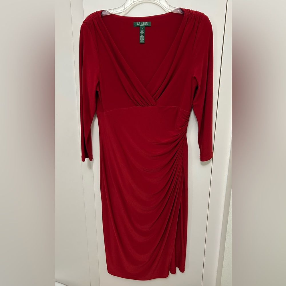 Burgundy Red Ruched Midi Dress from LAUREN by Ralph Lauren